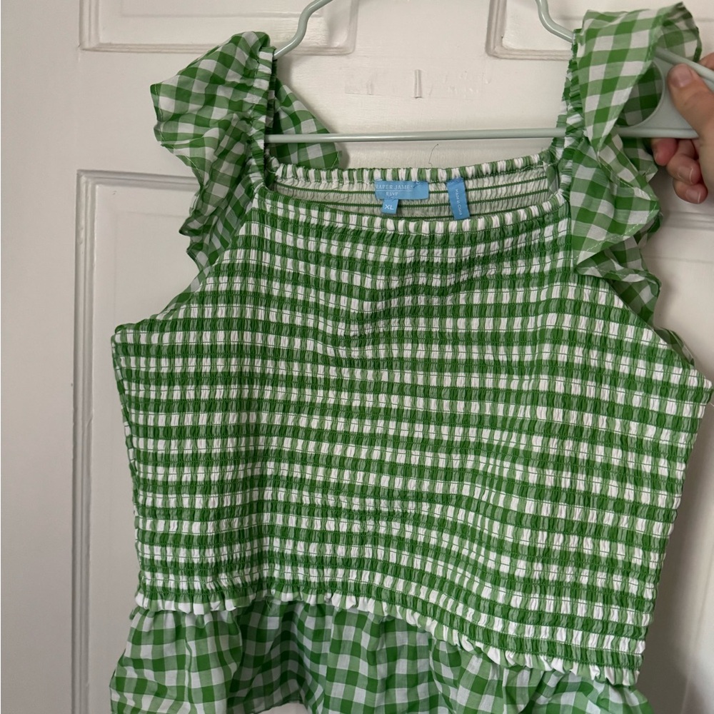 Draper James Green and White Gingham Blouse with Ruffled Shoulders